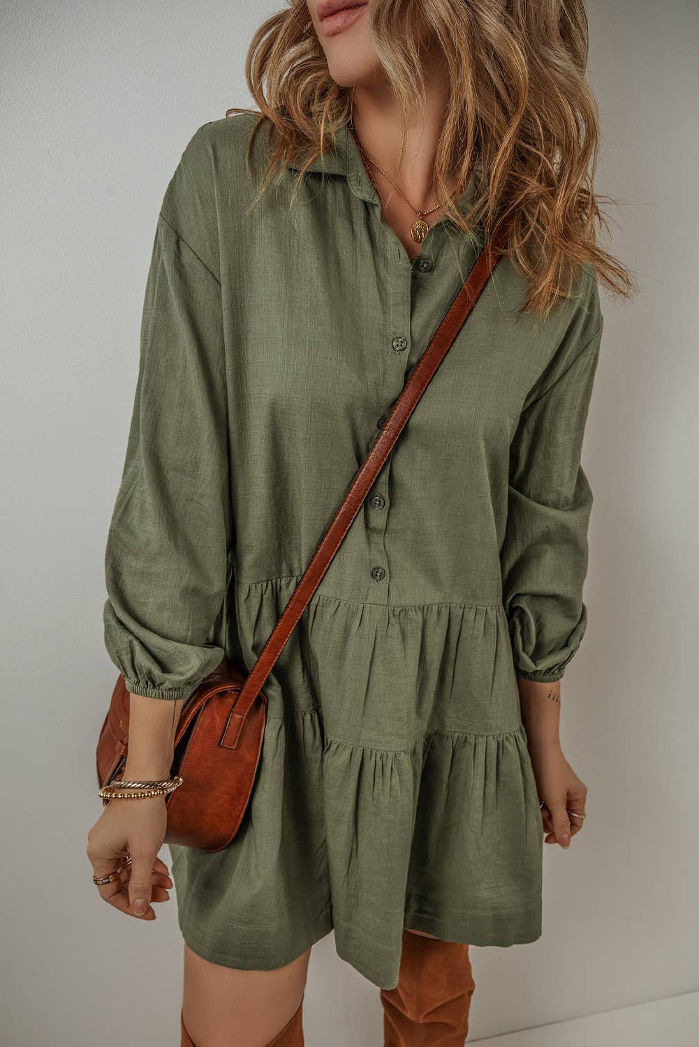 Puff Sleeve Tiered Shirt Dress