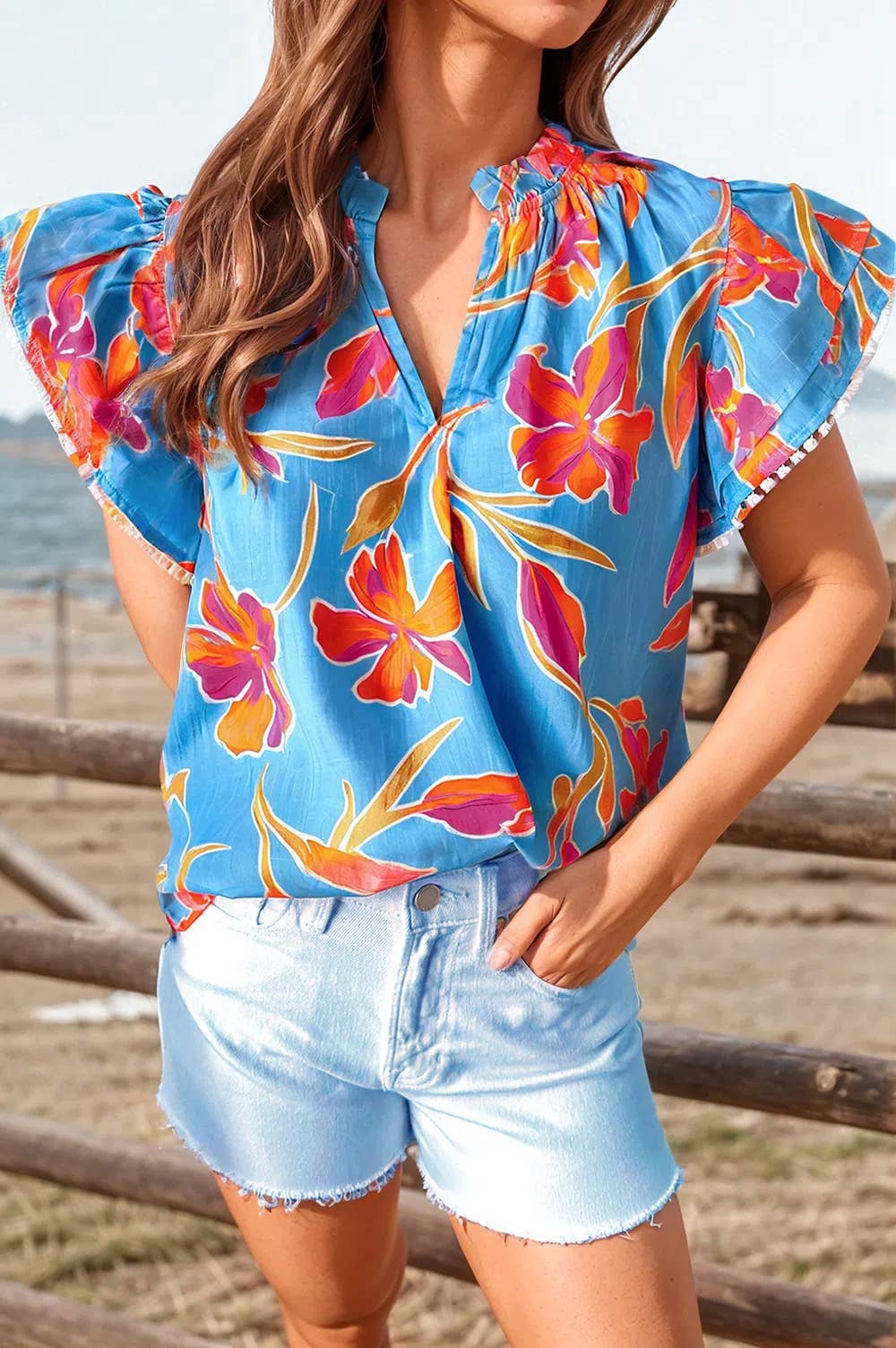 Pompom Trim Flutter Sleeve Blouse