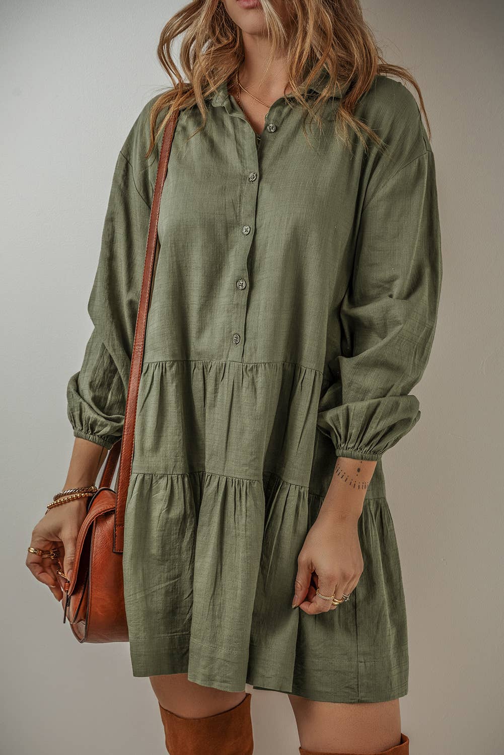Womens Olive Puff Sleeve Tiered Button-Up Tunic Dress Green / L