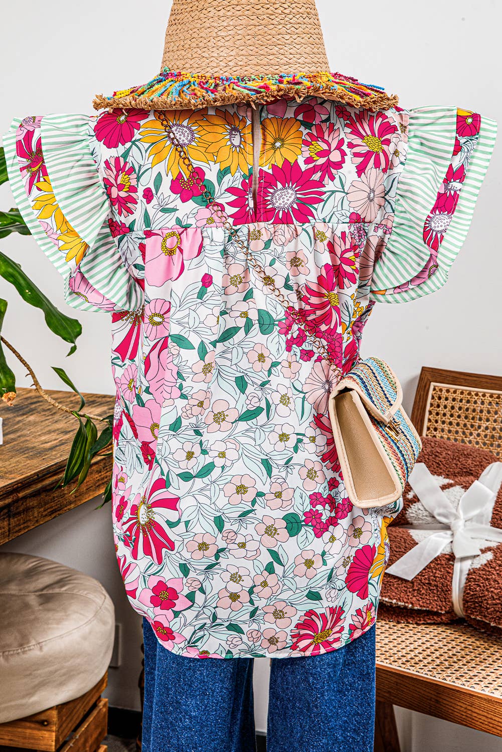 Floral Contrast Ruffle Trim Blouse