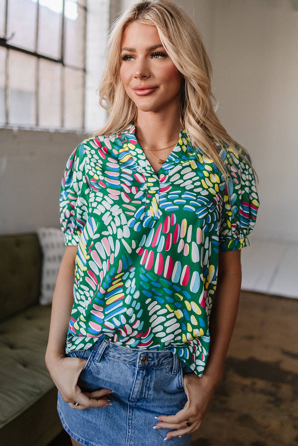 Geometric Puff Sleeve Blouse