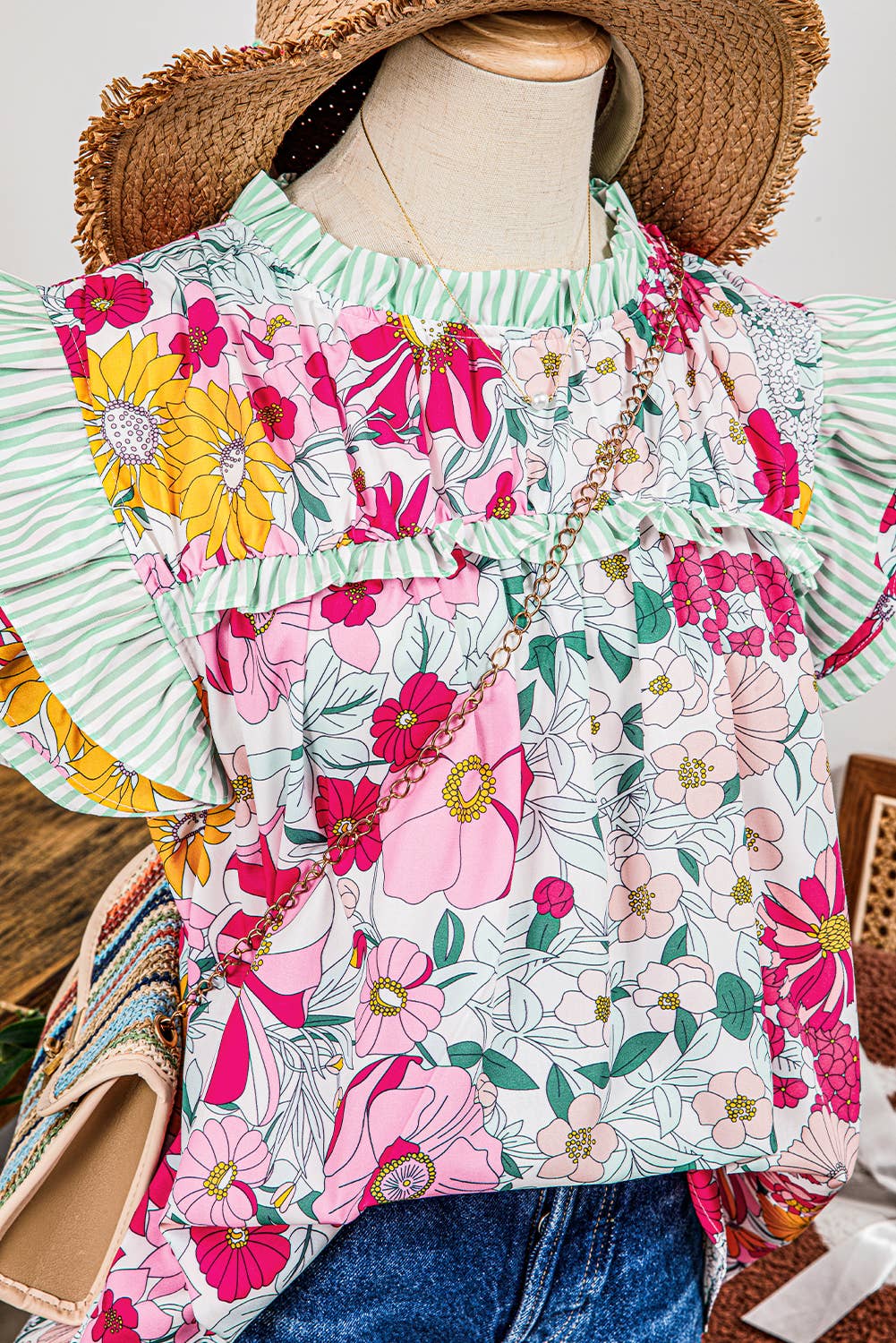 Floral Contrast Ruffle Trim Blouse