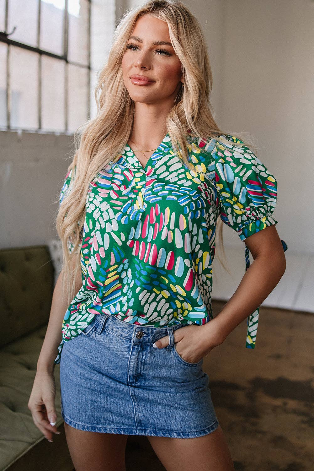 Geometric Puff Sleeve Blouse