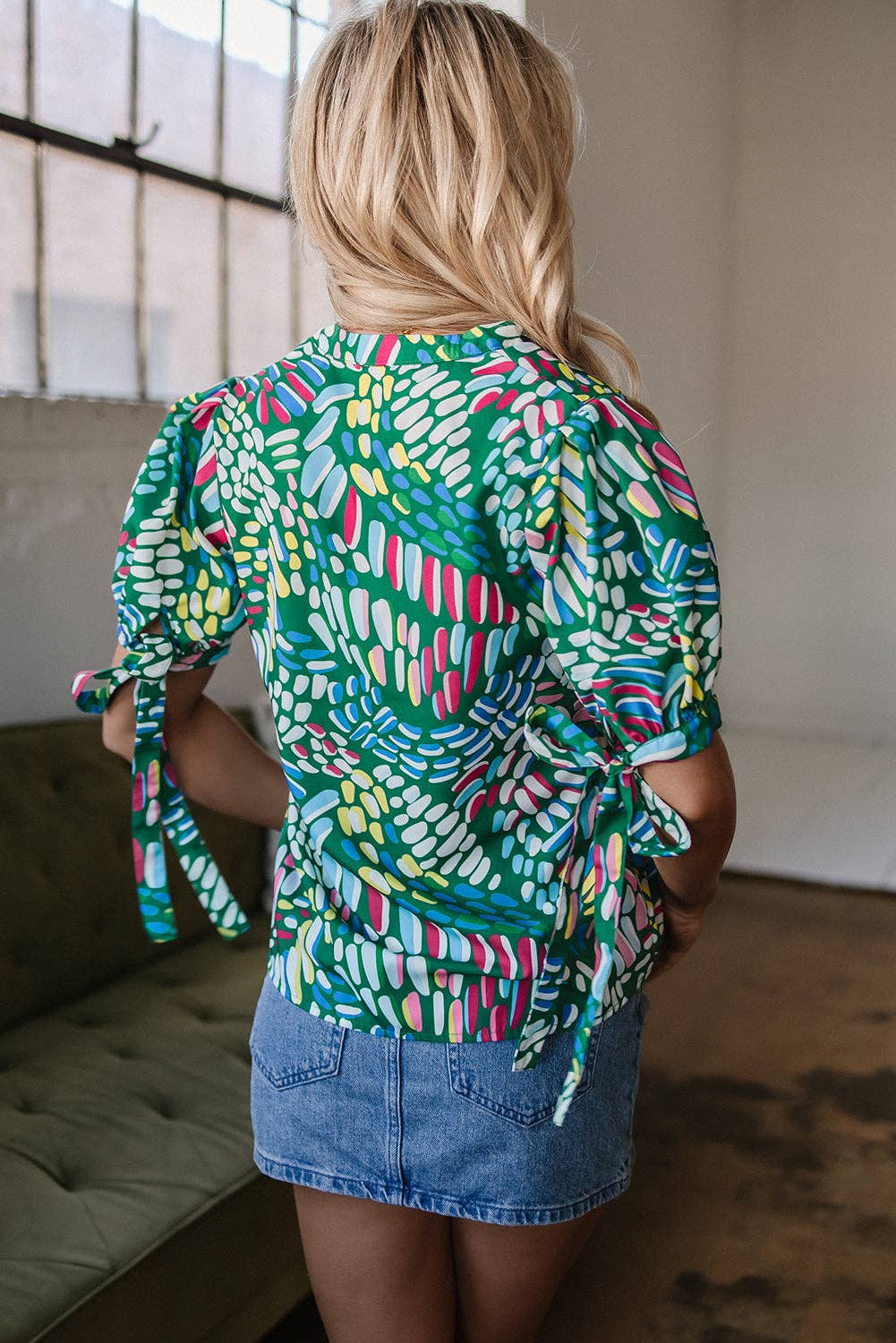 Geometric Puff Sleeve Blouse