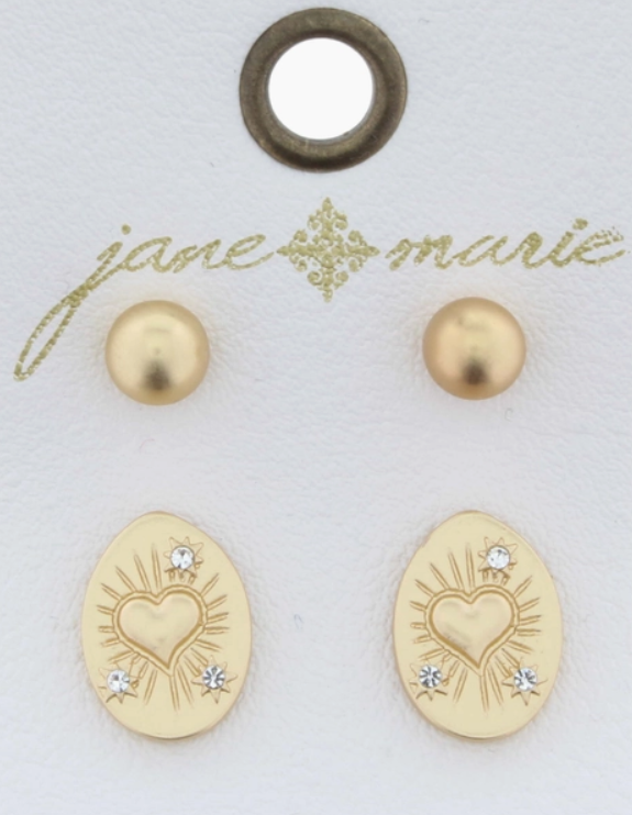 Gold Ball & Heart with Crystals Oval Earring- set