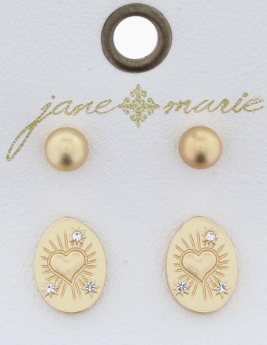 Gold Ball & Heart with Crystals Oval Earring- set