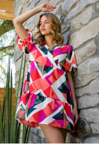 disney world dress code Puff Sleeve Print Tiered Dress - THML main image 1