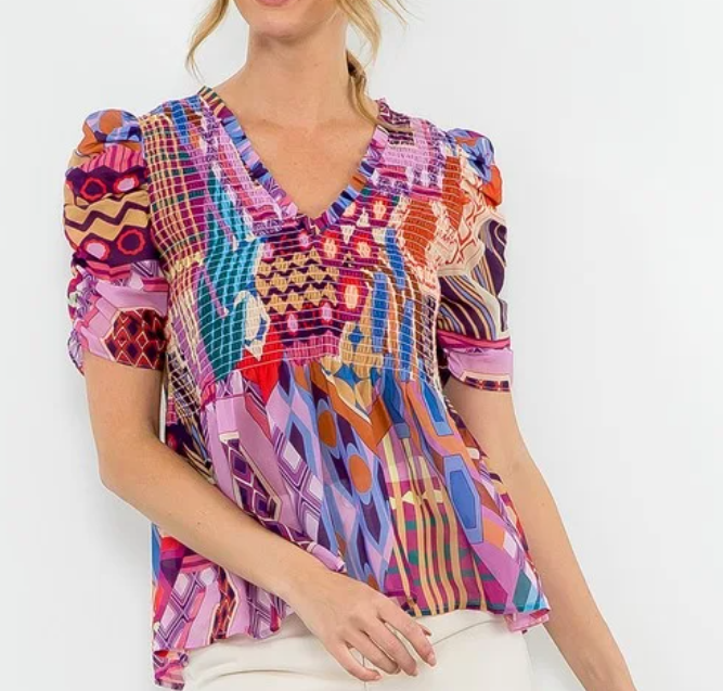 THML Ruched Sleeve Print Top