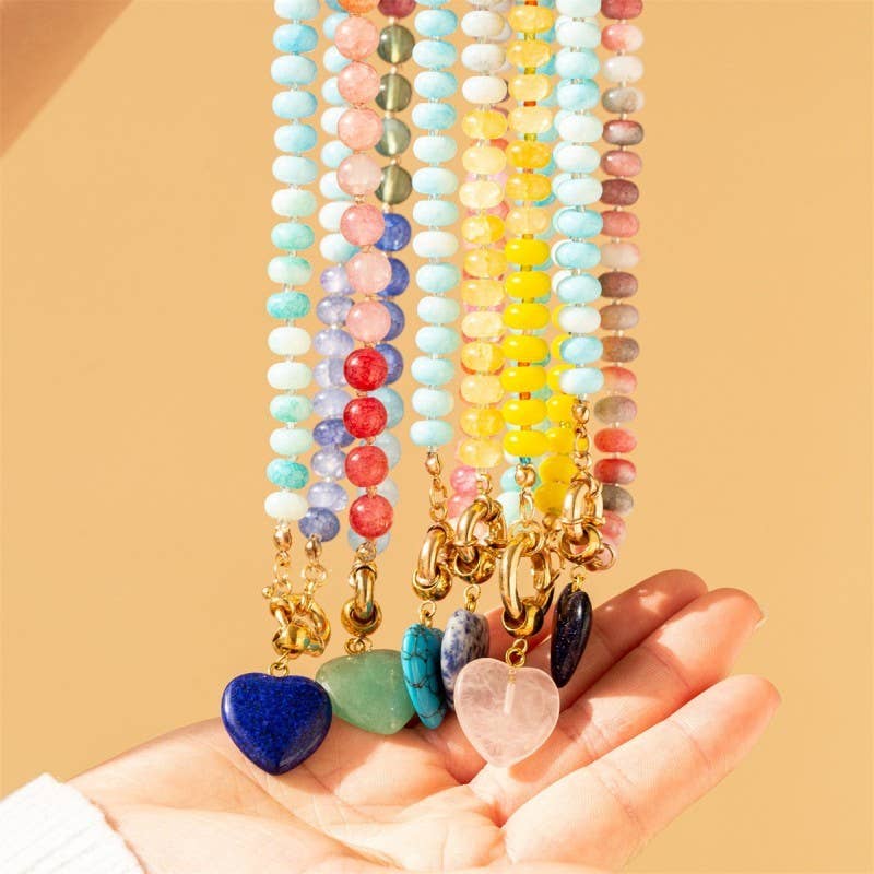 Natural Stone Heart Glass Beaded Necklace