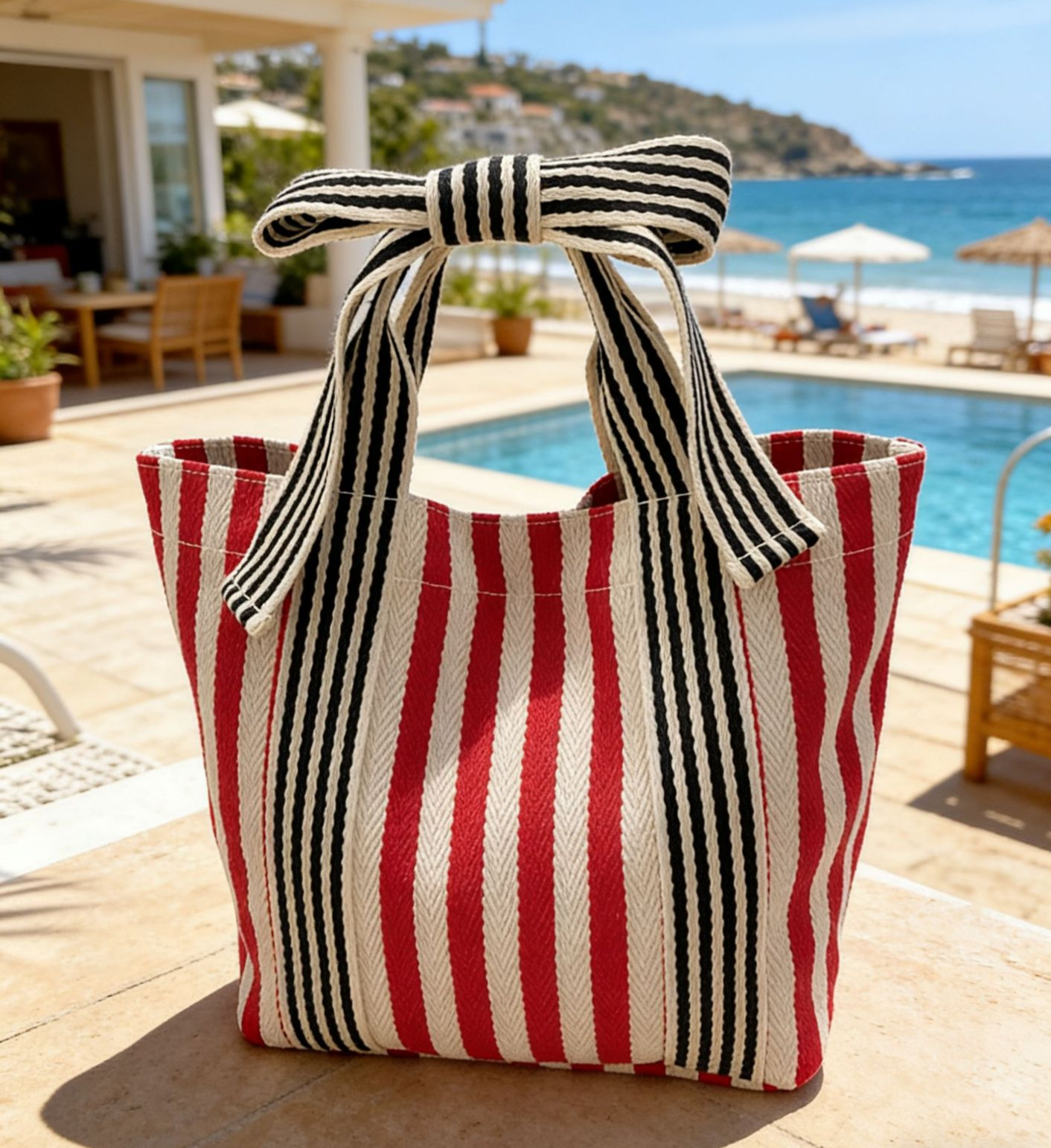 Striped Canvas Tote Bag with Bow Handle