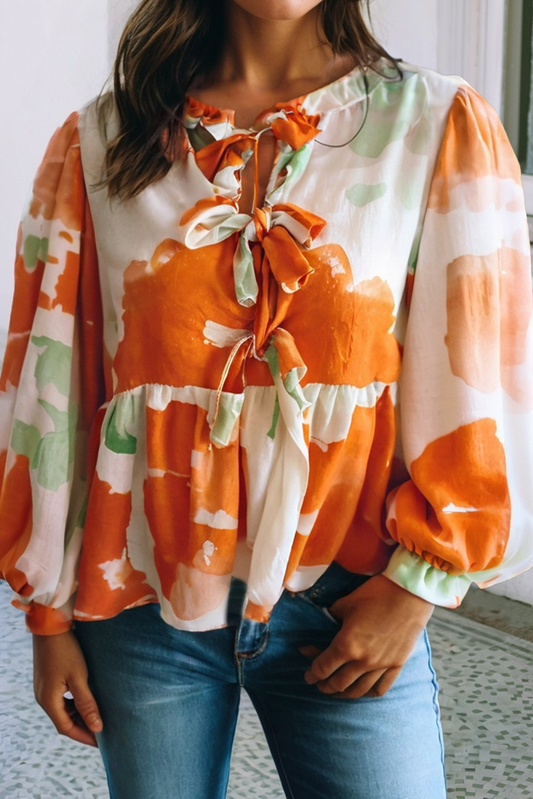 Abstract Print Bubble Sleeve Bow Top