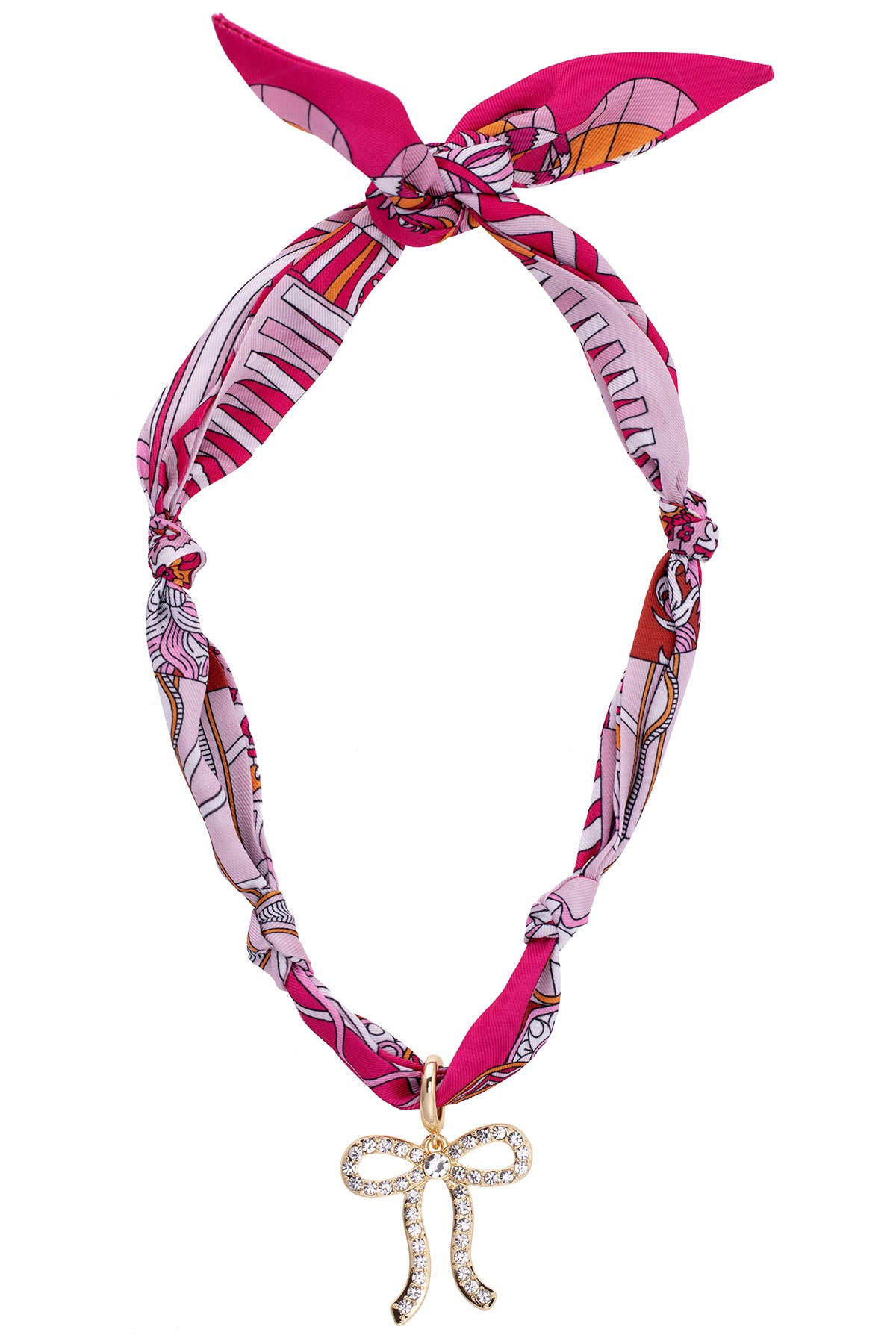 Pink and white patterned headband with a decorative bow charm on a white background