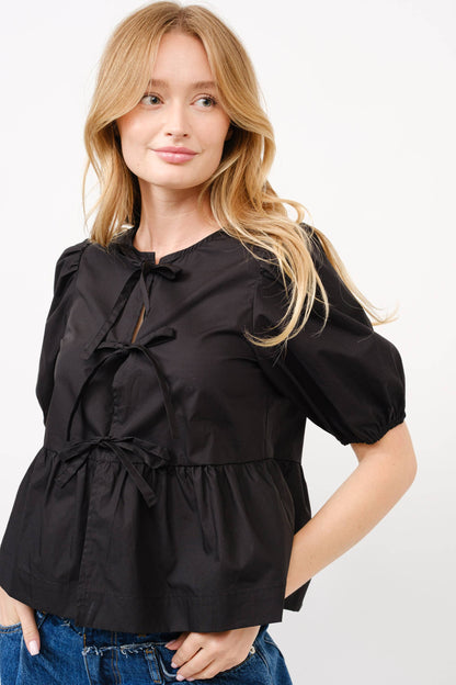 Front Bow Tie Peplum Blouse