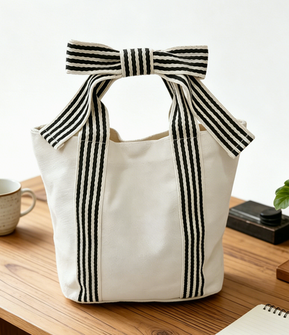 Striped Canvas Tote Bag with Bow Handle