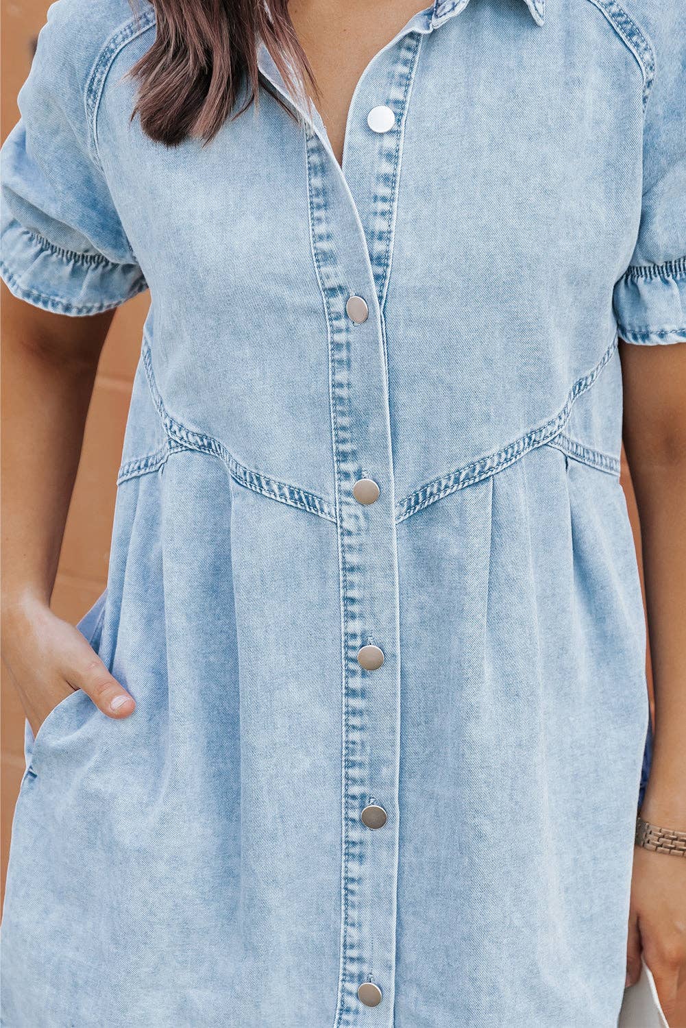 Ruffled Short Sleeve Buttoned Denim Dress