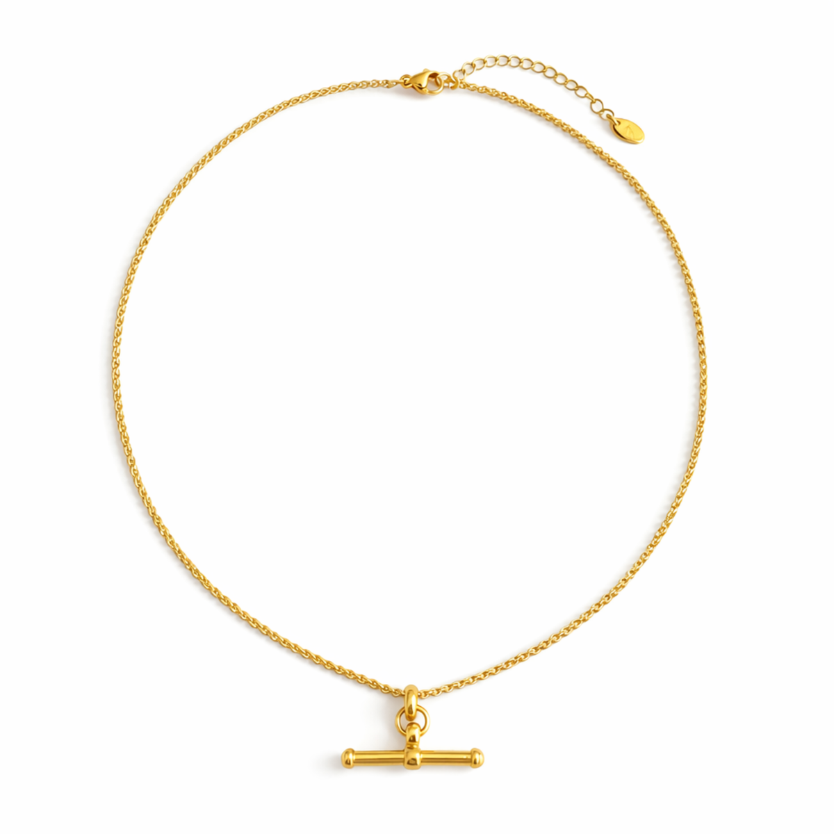Gold necklace with a toggle clasp on a white background
