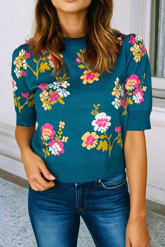 Flower Pattern Knit Short Sleeve Top