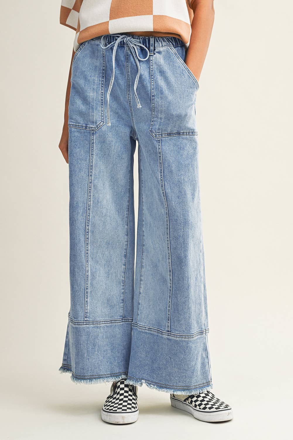 Drawstring Raw Hem Wide Leg Denim Pants
