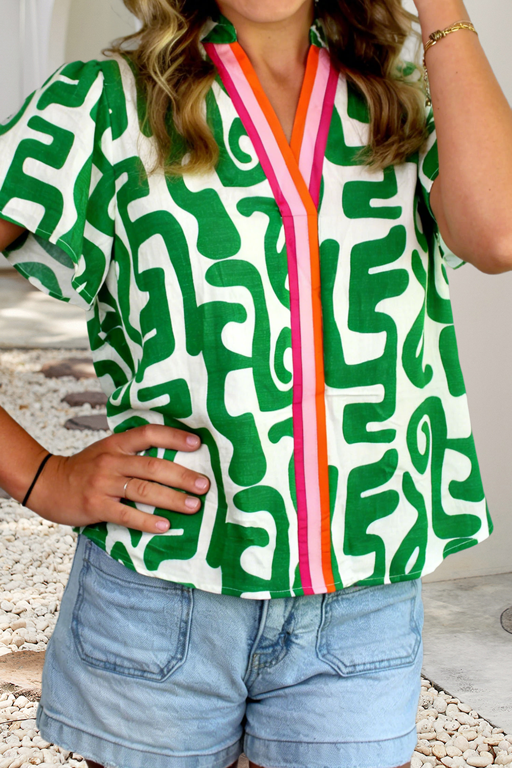 Abstract Print Striped Trim V Neck Short Sleeve Blouse