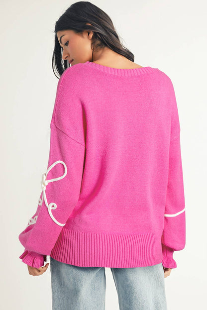 Pink Corded Flower Bow Casual Sweater