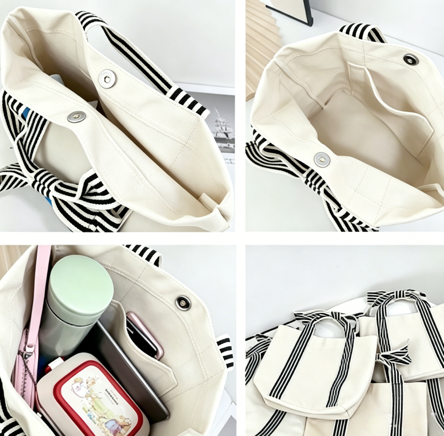 Striped Canvas Tote Bag with Bow Handle
