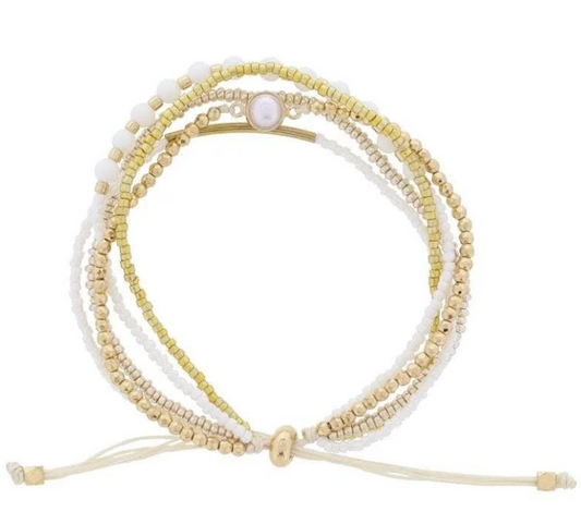 Thin 5 Strand White & Gold Beaded Bracelet