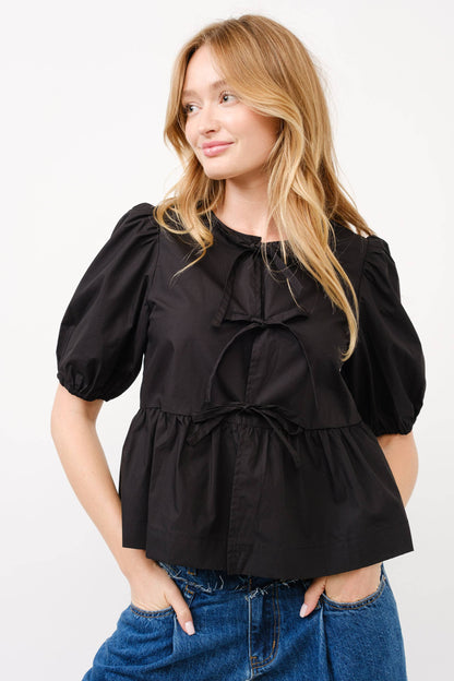 Front Bow Tie Peplum Blouse