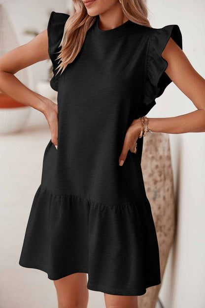 Flutter Sleeve Crew Neck Shift Dress