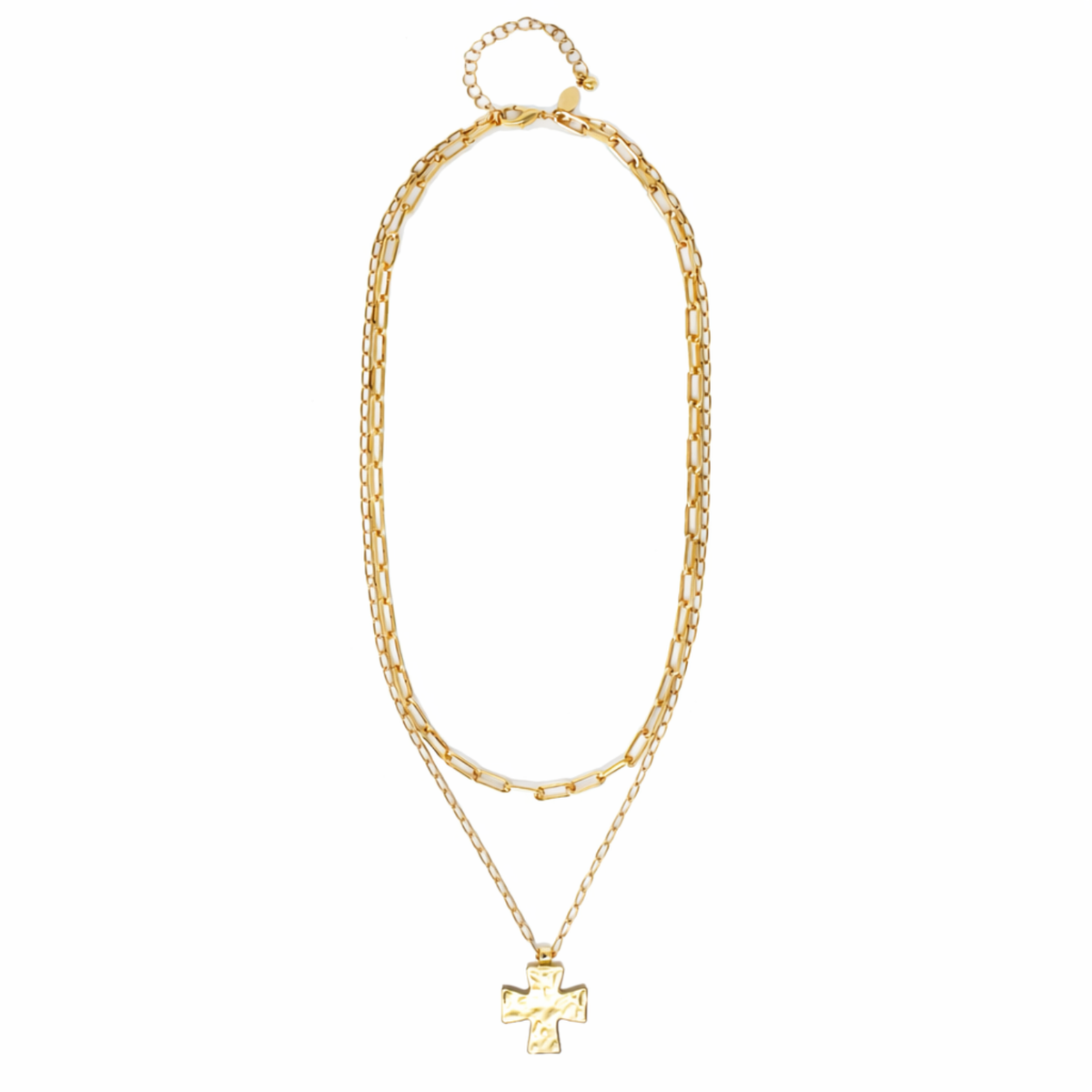 A gold-toned double-strand necklace featuring a chunky paperclip chain and a delicate chain with a cross pendant, displayed on a clean white background.