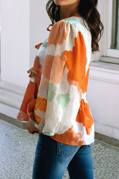 Abstract Print Bubble Sleeve Bow Top