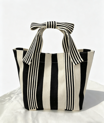 Striped Canvas Tote Bag with Bow Handle
