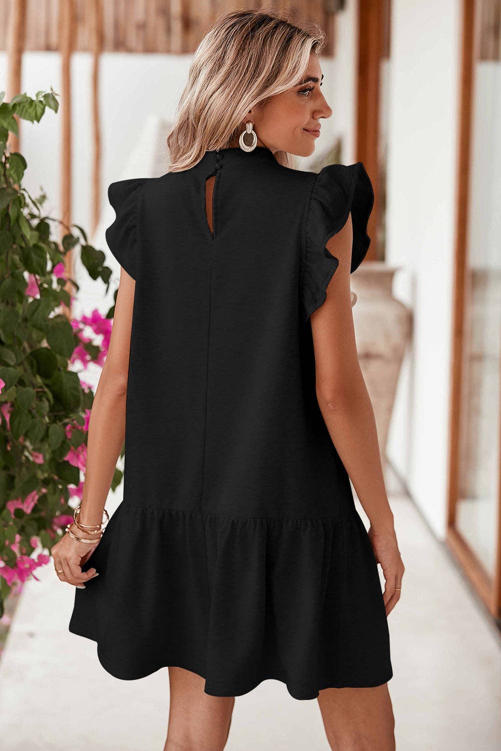 Flutter Sleeve Crew Neck Shift Dress