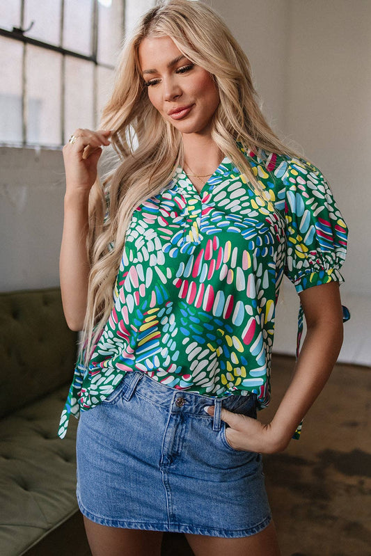 Geometric Puff Sleeve Blouse