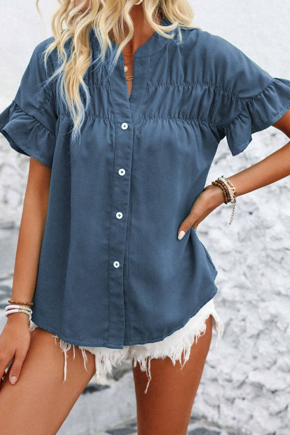Solid Blue Ruffle Sleeve Top