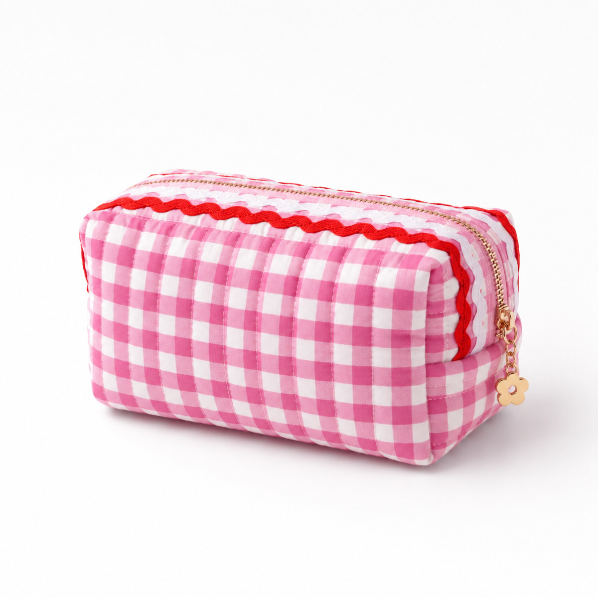 A pink and white gingham checkered zippered pouch with a red wavy trim and a gold zipper pull, shown on a plain white background.