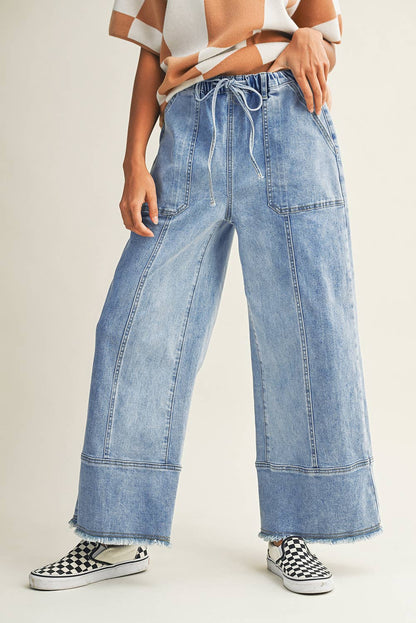 Drawstring Raw Hem Wide Leg Denim Pants