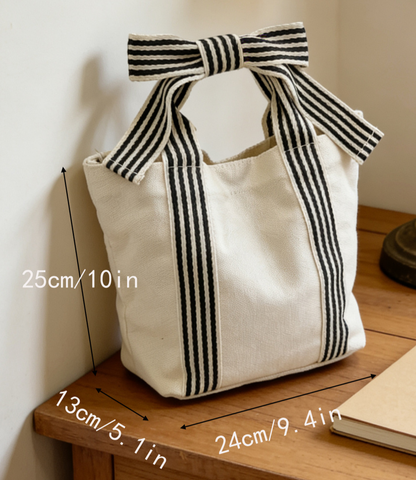 Striped Canvas Tote Bag with Bow Handle