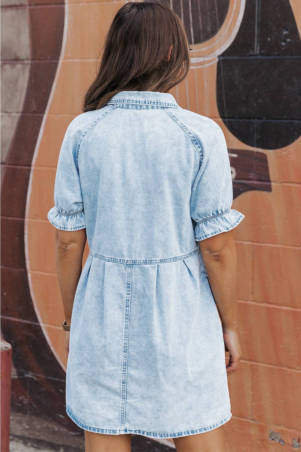 Ruffled Short Sleeve Buttoned Denim Dress