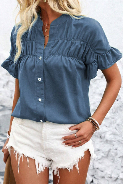 Solid Blue Ruffle Sleeve Top