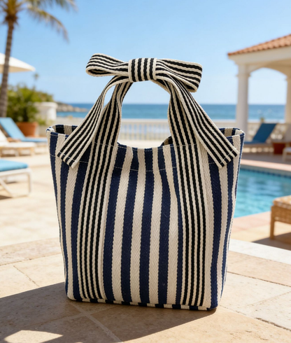 Striped Canvas Tote Bag with Bow Handle