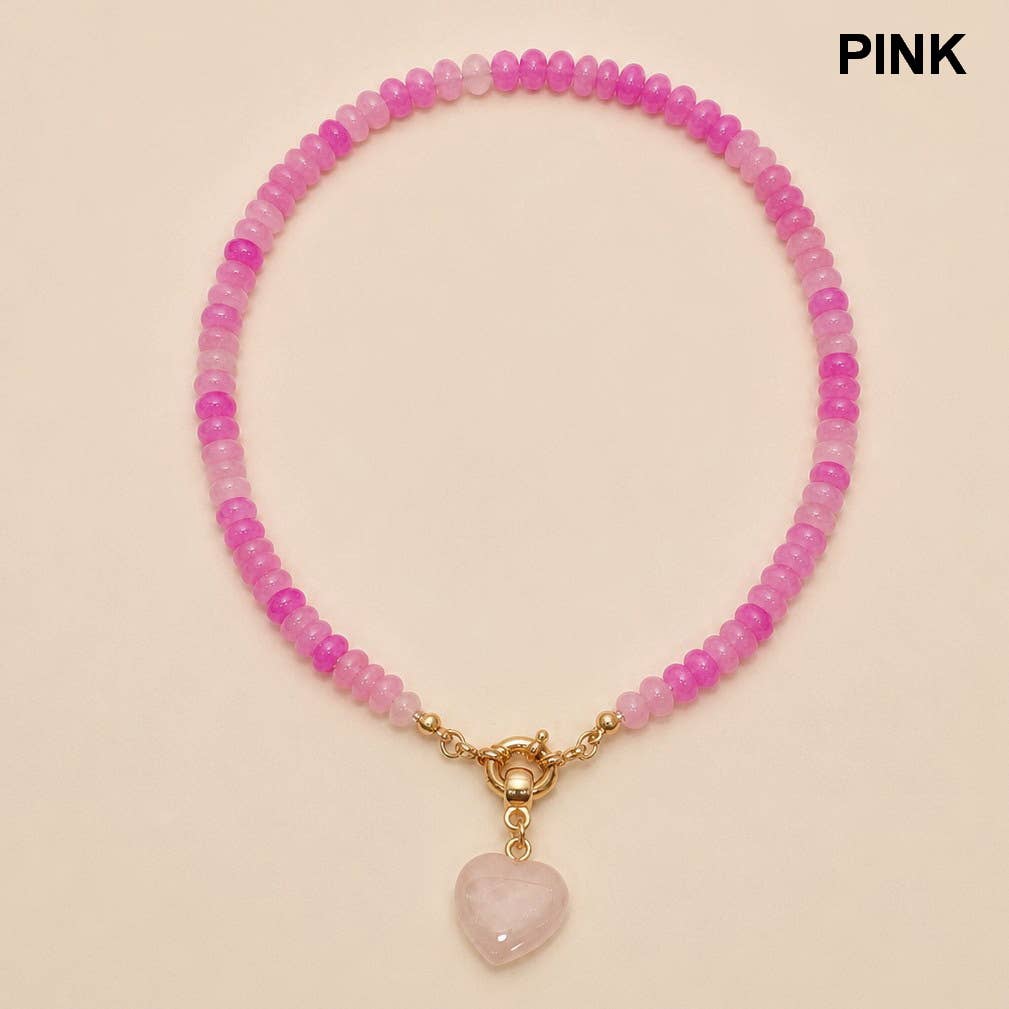 Natural Stone Heart Glass Beaded Necklace