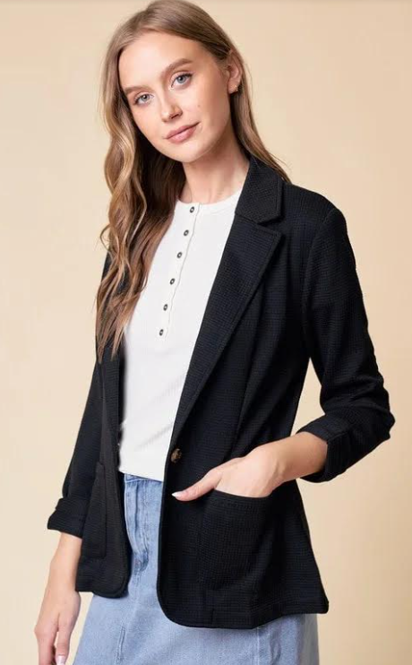 Shirred Sleeve Textured Blazer