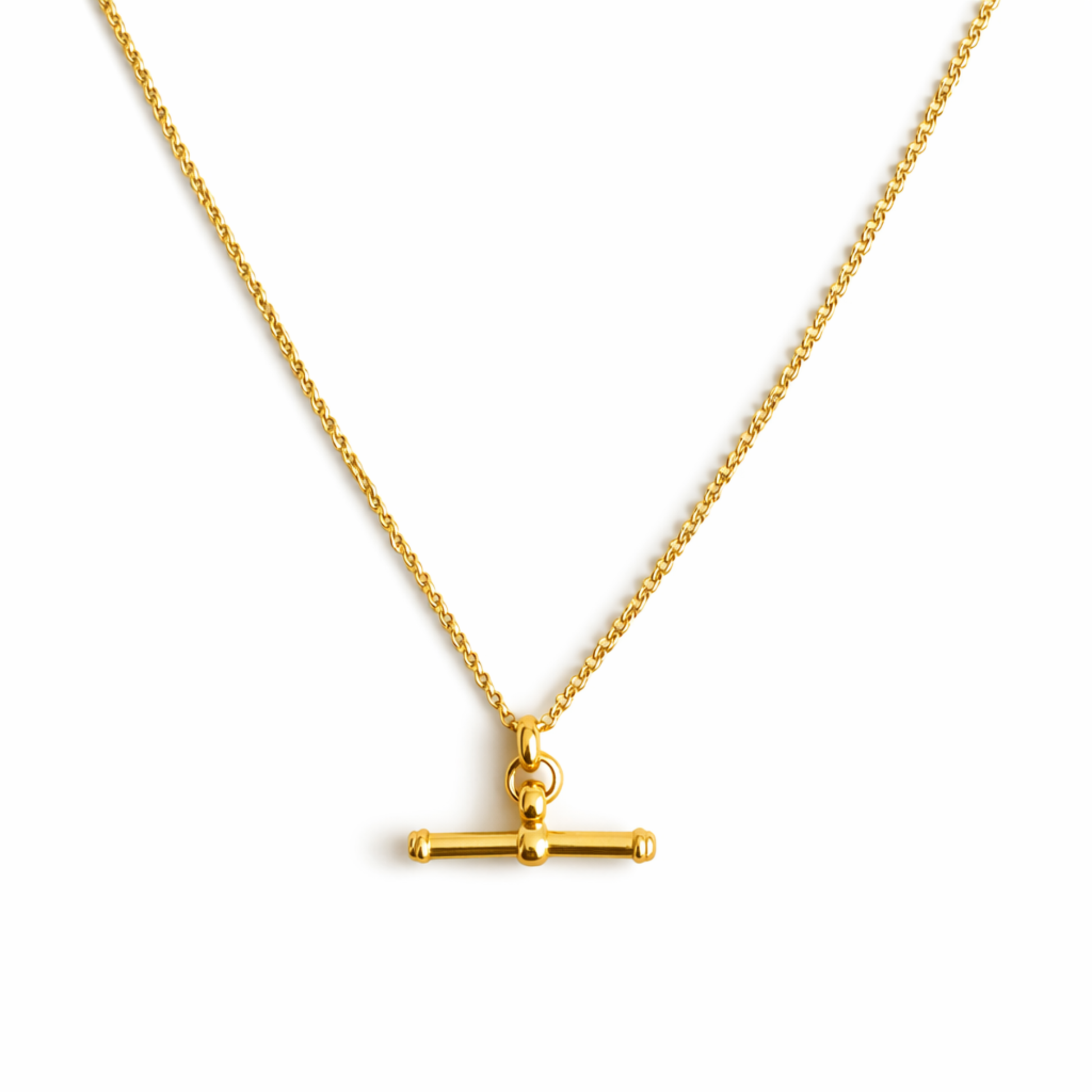 Gold necklace with a small pendant on a white background