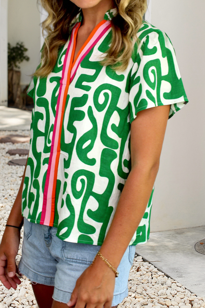 Abstract Print Striped Trim V Neck Short Sleeve Blouse