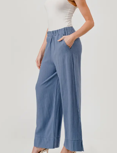 Denim Blue Linen Blend Wide Leg Cropped Pants