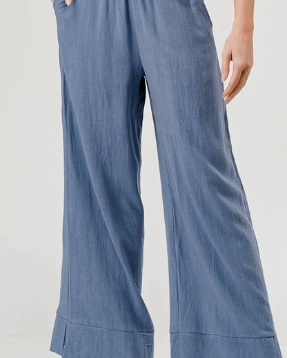 Denim Blue Linen Blend Wide Leg Cropped Pants