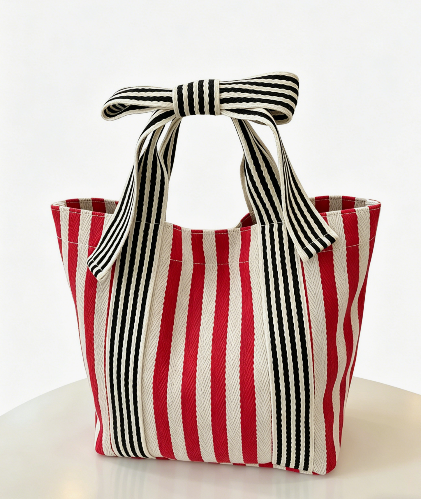 Striped Canvas Tote Bag with Bow Handle