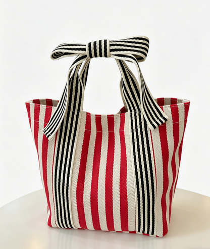 Striped Canvas Tote Bag with Bow Handle