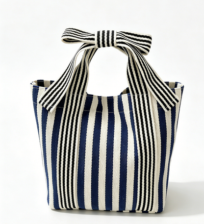 Striped Canvas Tote Bag with Bow Handle