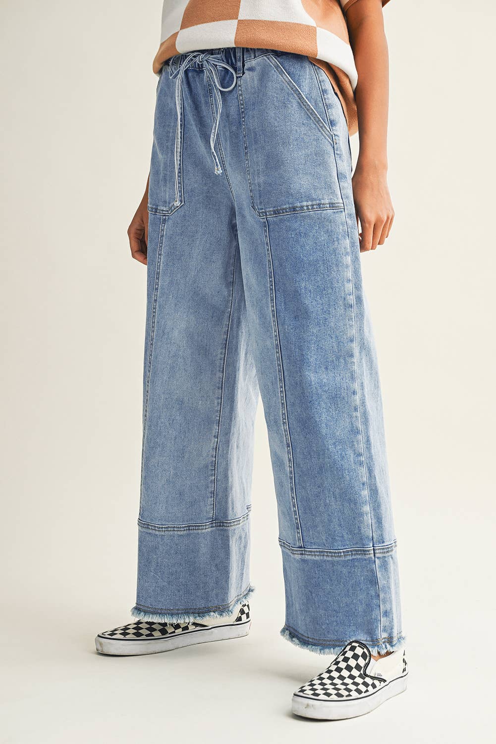 Drawstring Raw Hem Wide Leg Denim Pants